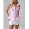 image:imageMakeMeChic Womens Striped Shirt Button Down Sleeveless Ruffle Hem Summer Blouse Collared ShirtsPink