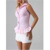 image:imageMakeMeChic Womens Striped Shirt Button Down Sleeveless Ruffle Hem Summer Blouse Collared ShirtsPink
