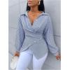 image:imageMakeMeChic Womens Striped Wrap Blouse Top Long Sleeve Asymmetrical Hem Collared Shirt Work TopsBlue