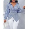 image:imageMakeMeChic Womens Striped Wrap Blouse Top Long Sleeve Asymmetrical Hem Collared Shirt Work TopsBlue