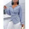 image:imageMakeMeChic Womens Striped Wrap Blouse Top Long Sleeve Asymmetrical Hem Collared Shirt Work TopsBlue