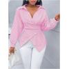 image:imageMakeMeChic Womens Striped Wrap Blouse Top Long Sleeve Asymmetrical Hem Collared Shirt Work TopsPink