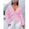 image:imageMakeMeChic Womens Striped Wrap Blouse Top Long Sleeve Asymmetrical Hem Collared Shirt Work TopsPink