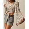 image:imageMakeMeChic Womens Summer Bell Sleeve Floral Tops Wrap V Neck Blouse Tie Front Boho Crop TopsApricot