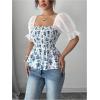 image:imageMakeMeChic Womens Summer Floral Tops Puff Sleeve Blouse Square Neck Ruffle Shirred ShirtBlue