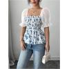 image:imageMakeMeChic Womens Summer Floral Tops Puff Sleeve Blouse Square Neck Ruffle Shirred ShirtBlue