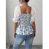 image:imageMakeMeChic Womens Summer Floral Tops Puff Sleeve Blouse Square Neck Ruffle Shirred ShirtBlue