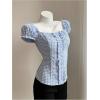image:imageMakeMeChic Womens Summer Gingham Button Down Shirt Puff Sleeve Square Neck Frill Trim Office Blouse TopBlue