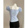 image:imageMakeMeChic Womens Summer Gingham Button Down Shirt Puff Sleeve Square Neck Frill Trim Office Blouse TopBlue