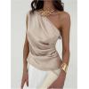 image:imageMakeMeChic Womens Summer One Shoulder Tops Cap Sleeve Ruched Elegant Work Shirt BlouseChampagne