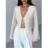 image:imageMakeMeChic Womens Textured Bell Sleeve Blouse Tie V Neck Mesh Sheer Summer Boho TopsWhite