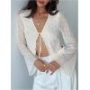 image:imageMakeMeChic Womens Textured Bell Sleeve Blouse Tie V Neck Mesh Sheer Summer Boho TopsWhite