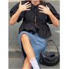 image:imageMakeMeChic Womens Tie Front Lantern Short Sleeve Tops Crew Neck Ruffle Blouse ShirtsBlack