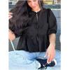image:imageMakeMeChic Womens Tie Front Lantern Short Sleeve Tops Crew Neck Ruffle Blouse ShirtsBlack