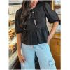 image:imageMakeMeChic Womens Tie Front Lantern Short Sleeve Tops Crew Neck Ruffle Blouse ShirtsBlack