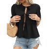 image:imageMakeMeChic Womens Tie Front Lantern Short Sleeve Tops Crew Neck Ruffle Blouse ShirtsBlack