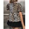 image:imageMakeMeChic Womens Tie Front Lantern Short Sleeve Tops Crew Neck Ruffle Blouse ShirtsLeopard Brown