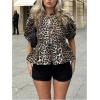 image:imageMakeMeChic Womens Tie Front Lantern Short Sleeve Tops Crew Neck Ruffle Blouse ShirtsLeopard Brown