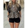 image:imageMakeMeChic Womens Tie Front Lantern Short Sleeve Tops Crew Neck Ruffle Blouse ShirtsLeopard Brown