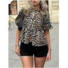 image:imageMakeMeChic Womens Tie Front Lantern Short Sleeve Tops Crew Neck Ruffle Blouse ShirtsLeopard Brown