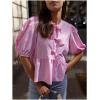 image:imageMakeMeChic Womens Tie Front Lantern Short Sleeve Tops Crew Neck Ruffle Blouse ShirtsPalid Pink