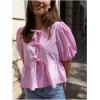 image:imageMakeMeChic Womens Tie Front Lantern Short Sleeve Tops Crew Neck Ruffle Blouse ShirtsPalid Pink