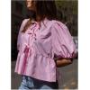 image:imageMakeMeChic Womens Tie Front Lantern Short Sleeve Tops Crew Neck Ruffle Blouse ShirtsPalid Pink