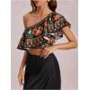 image:imageMakeMeChic Womens Tropical Print One Shoulder Blouse Ruffle Sleeveless Summer Asymmetrical TopsMulticolor