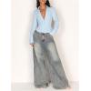 image:imageMakeMeChic Womens V Neck Button Down Shirt Long Sleeve Collared Dressy Blouse TopsBlue