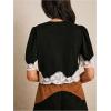 image:imageMakeMeChic Womens Vintage Lace V Neck Blouse Button Down Shirt Short Sleeve Crop TopsBlack