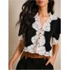 image:imageMakeMeChic Womens Vintage Lace V Neck Blouse Button Down Shirt Short Sleeve Crop TopsBlack