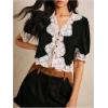 image:imageMakeMeChic Womens Vintage Lace V Neck Blouse Button Down Shirt Short Sleeve Crop TopsBlack