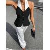 image:imageMakeMeChic Womens Work Colorblock Halter Button Down Shirt Backless Dressy BlouseBlack and White