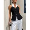 image:imageMakeMeChic Womens Work Colorblock Halter Button Down Shirt Backless Dressy BlouseBlack and White
