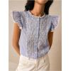 image:imageMakeMeChic Womens Work Office Striped Embroidery Ruffle Sleeve Blouse Crew Neck Button Down ShirtBlue and White