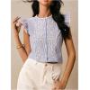 image:imageMakeMeChic Womens Work Office Striped Embroidery Ruffle Sleeve Blouse Crew Neck Button Down ShirtBlue and White