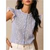 image:imageMakeMeChic Womens Work Office Striped Embroidery Ruffle Sleeve Blouse Crew Neck Button Down ShirtBlue and White