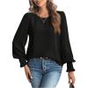 image:imageMakeMeChic Womens Bell Sleeve Frill Trim Shirred Crew Neck Office Shirt Blouse TopsBlack