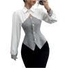 image:imageMakeMeChic Womens Blouses Button Down Shirt Cut Out Long Sleeve Tweed Work Office Tops Fall ClothesBlack and White