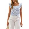 image:imageMakeMeChic Womens Blouses Floral Print Ruffle Cap Sleeve Square Neck Summer Shirts TopBlue and White