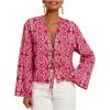 image:imageMakeMeChic Womens Boho Print Flared Sleeve Blouse Tie Front Summer Vacation Tropical ShirtRed