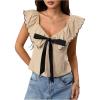 image:imageMakeMeChic Womens Bow Tie Front Sweetheart Blouse Ruffle Cap Sleeve Dressy Crop TopsApricot