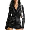 image:imageMakeMeChic Womens Button Down Blouses Lace Trim Striped V Neck Tops Long Sleeve Tie Back ShirtsBlack and White