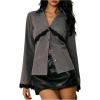 image:imageMakeMeChic Womens Button Down Blouses Lace Trim Striped V Neck Tops Long Sleeve Tie Back ShirtsGrey