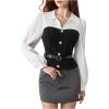 image:imageMakeMeChic Womens Casual Lantern Sleeve Blouse Collar V Neck Belted Color BlockOffice Shirt Work TopsBlack and White