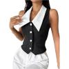 image:imageMakeMeChic Womens Colorblock Suit Vest Button Down Sleeveless Work Outerwear WaistcoatBlack