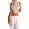 image:imageMakeMeChic Womens Crop Tops Elegant Blouse Sleeveless Mock Neck Ruched Tank Top with ScarfApricot