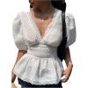 image:imageMakeMeChic Womens Elegant Eyelet Embroidery Lace Deep V Neck Blouse Puff Sleeve Ruffle Shirred TopsBeige