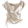 image:imageMakeMeChic Womens Fall Satin Tops Crew Neck Blouse Ruched Drawstring Side Short Sleeve TopsApricot