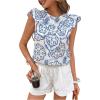 image:imageMakeMeChic Womens Floral Blouse Crew Neck Cap Sleeve Ruffle Embroidery Dressy Summer ShirtBlue and White